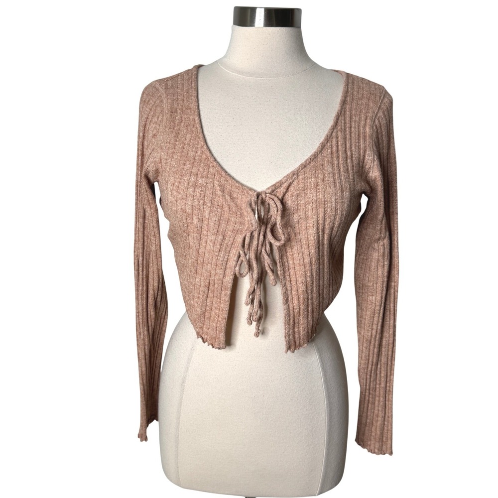 Aeropostale Long Sleeve Ribbed Double Cropped Cardigan Tan Peach Womens Large